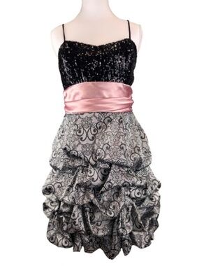 B Darlin Sequin Party Dress Pink Satin Waist Ruffle Skirt Y2K 13/14 Coquette